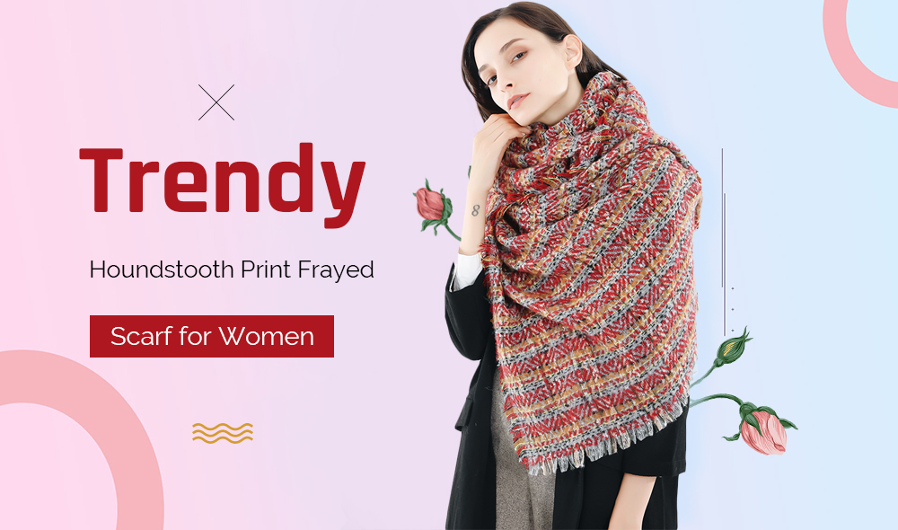 Trendy Houndstooth Print Frayed Warm Shawl Women Large Scarf