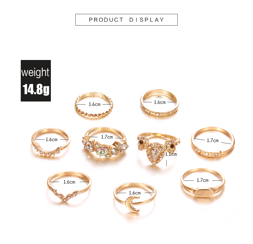 9 pcs/set Bohemia Antique Gold Crown Flower Moon Heart Carved Rings