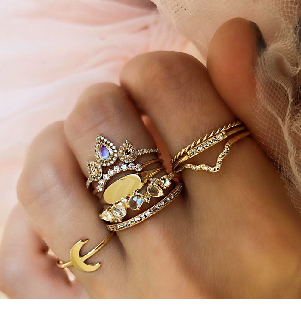 9 pcs/set Bohemia Antique Gold Crown Flower Moon Heart Carved Rings