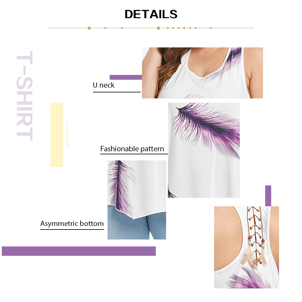 Plus Size Feather Print Lace Up Tank Top