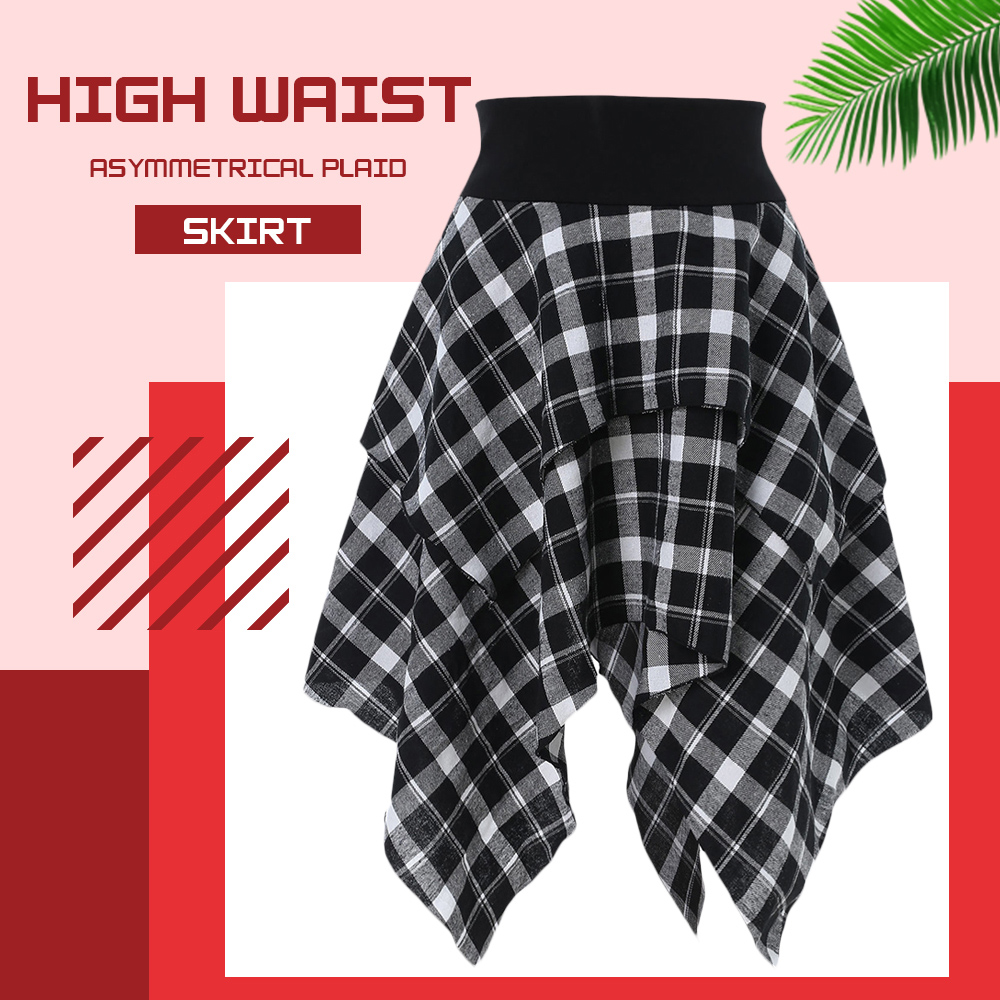 High Waist Asymmetrical Plaid Skirt