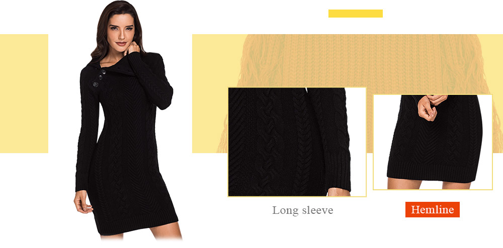 Turn-down Collar Asymmetric Buttoned Long Sleeve Bodycon Women Sweater Dress