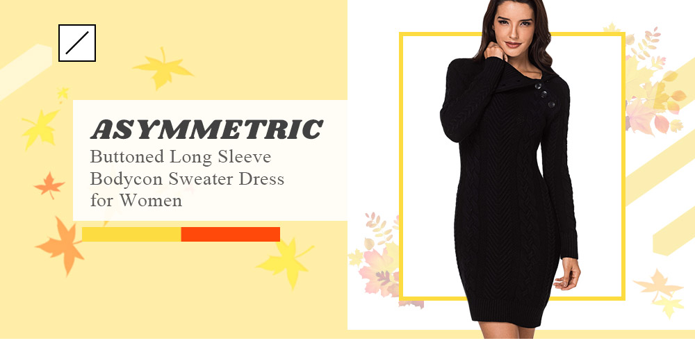 Turn-down Collar Asymmetric Buttoned Long Sleeve Bodycon Women Sweater Dress