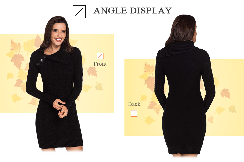 Turn-down Collar Asymmetric Buttoned Long Sleeve Bodycon Women Sweater Dress