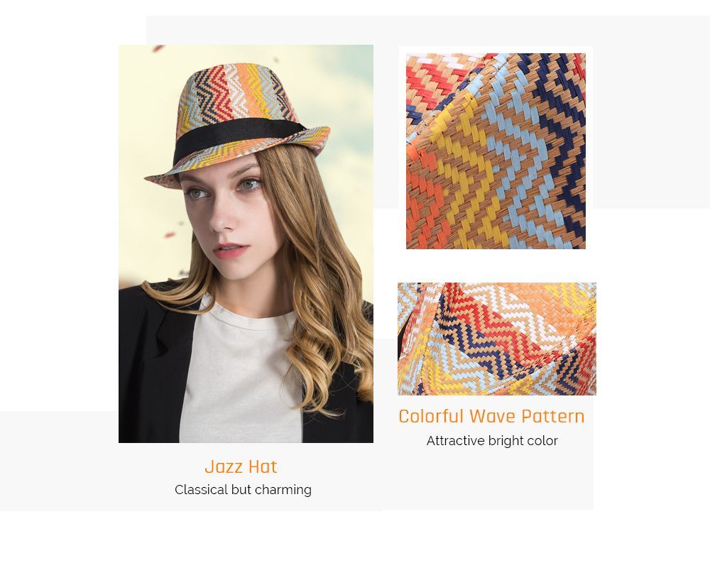 Colorful Straw Wave Pattern Patchwork Black Band Bowler Jazz Hat