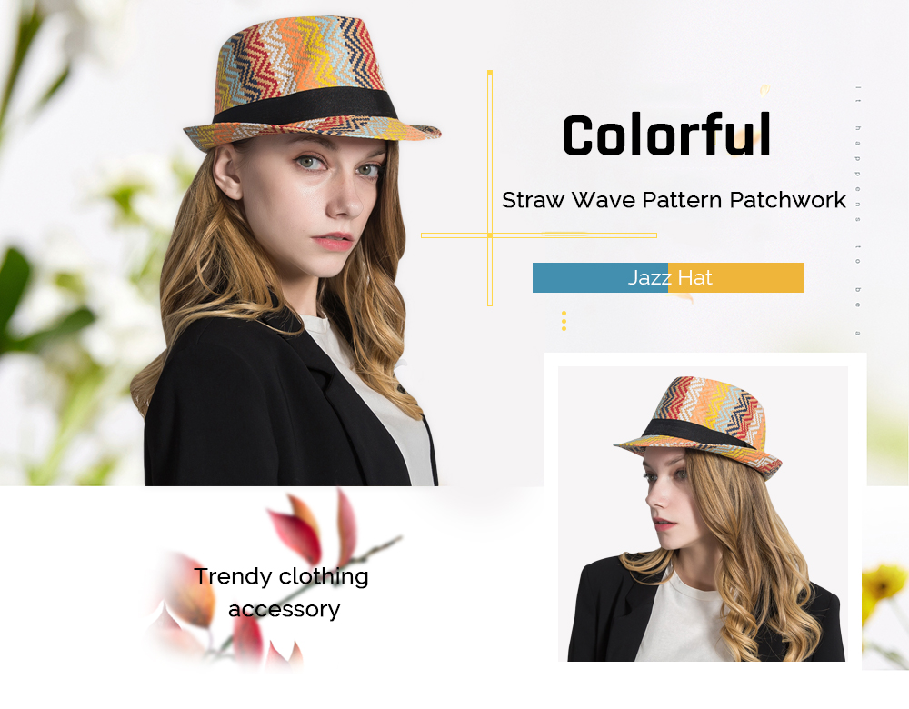 Colorful Straw Wave Pattern Patchwork Black Band Bowler Jazz Hat