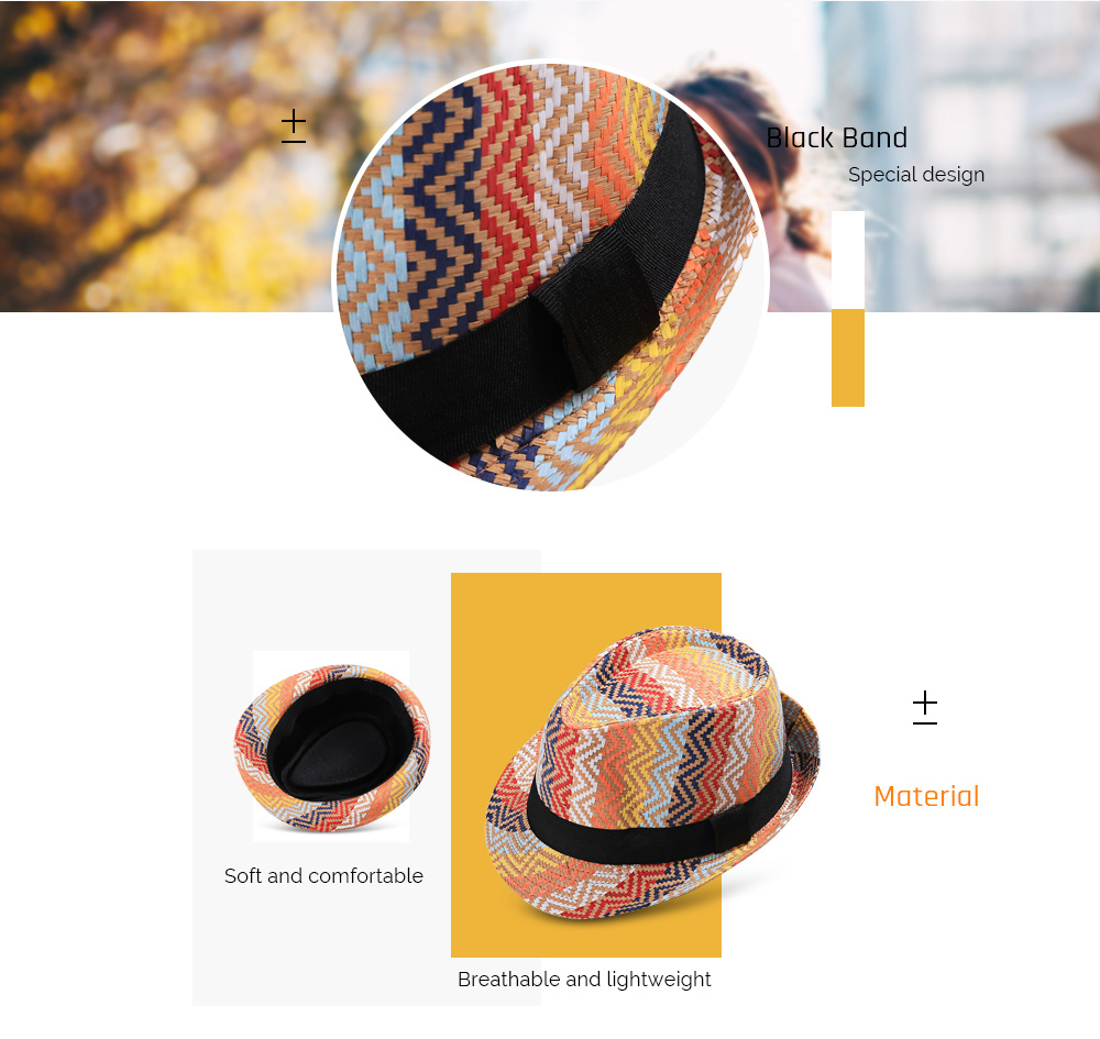 Colorful Straw Wave Pattern Patchwork Black Band Bowler Jazz Hat