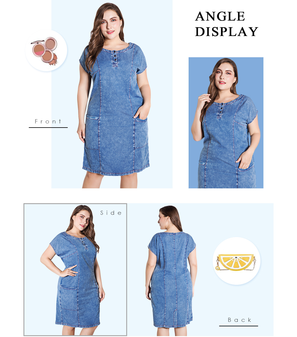 Round Collar Short Sleeve Pocket Plus Size Women Denim Dress