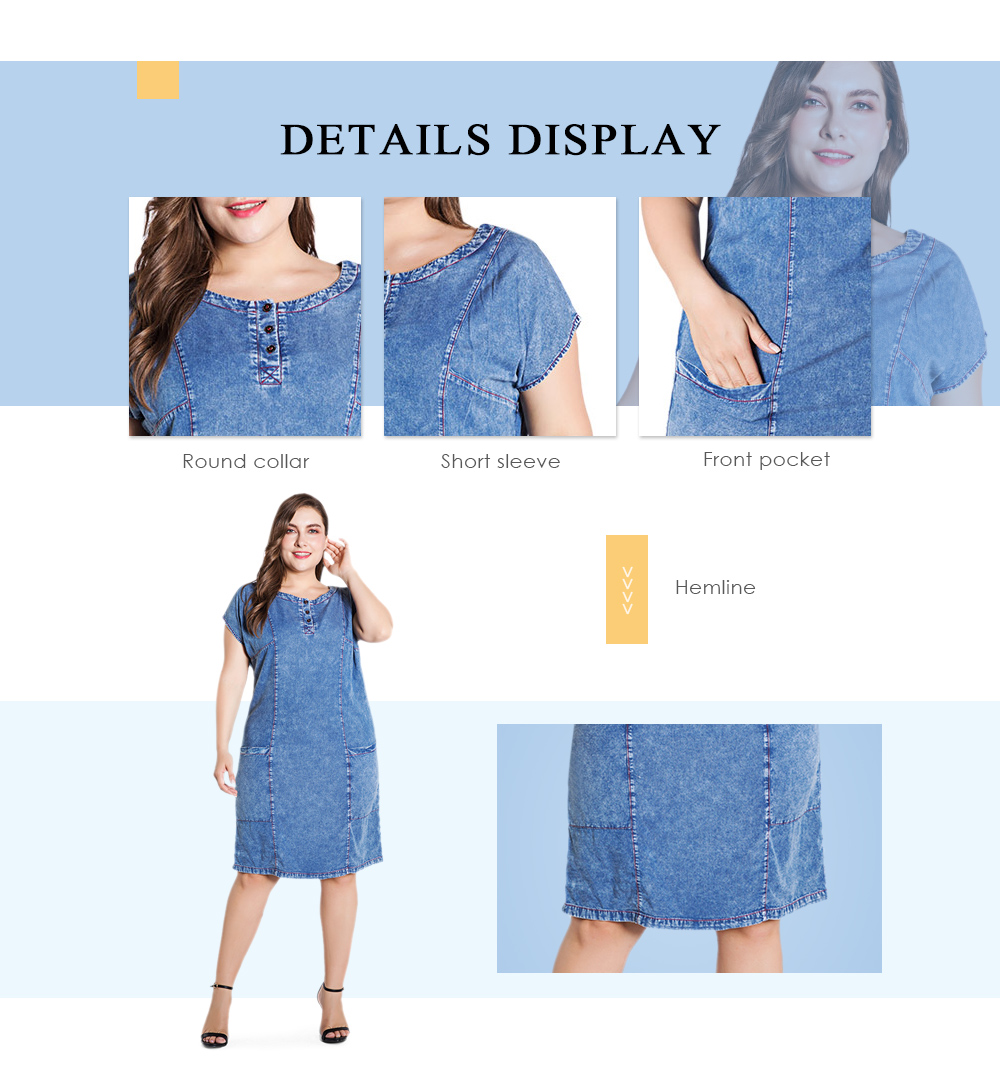 Round Collar Short Sleeve Pocket Plus Size Women Denim Dress