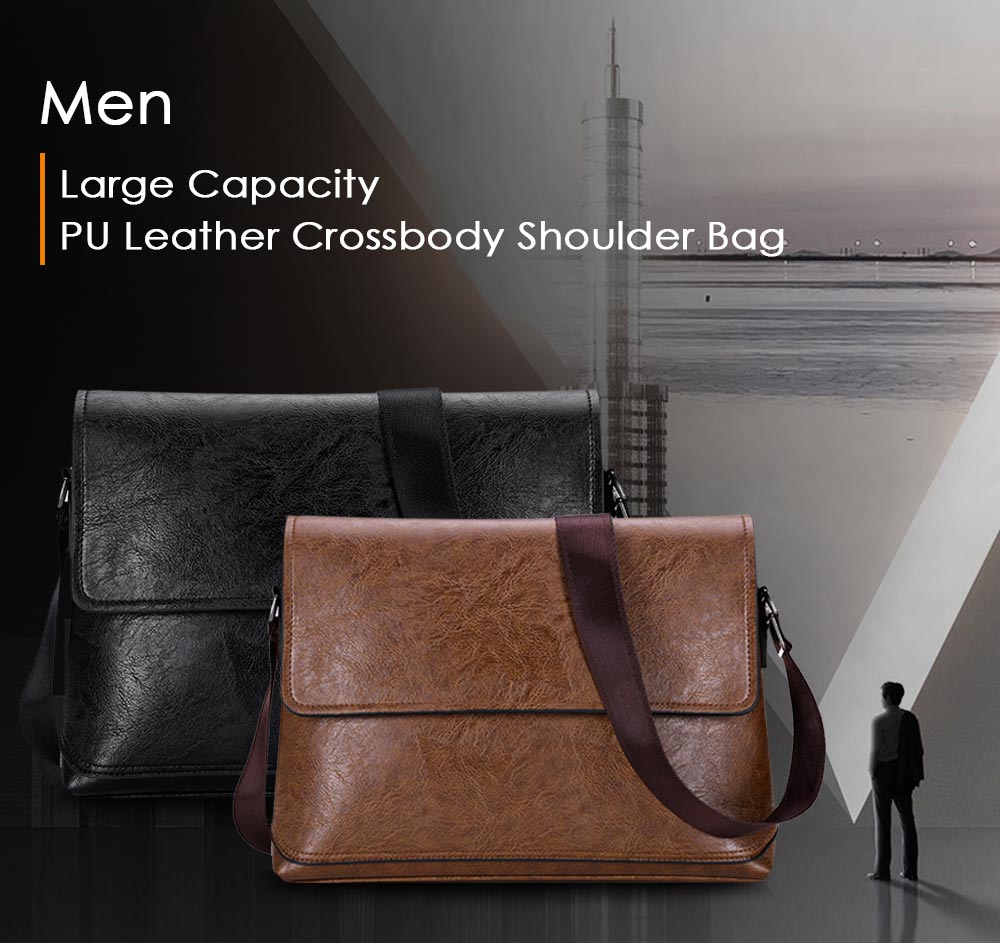 Large Capacity Solid Color PU Leather Crossbody Shoulder Bag for Men