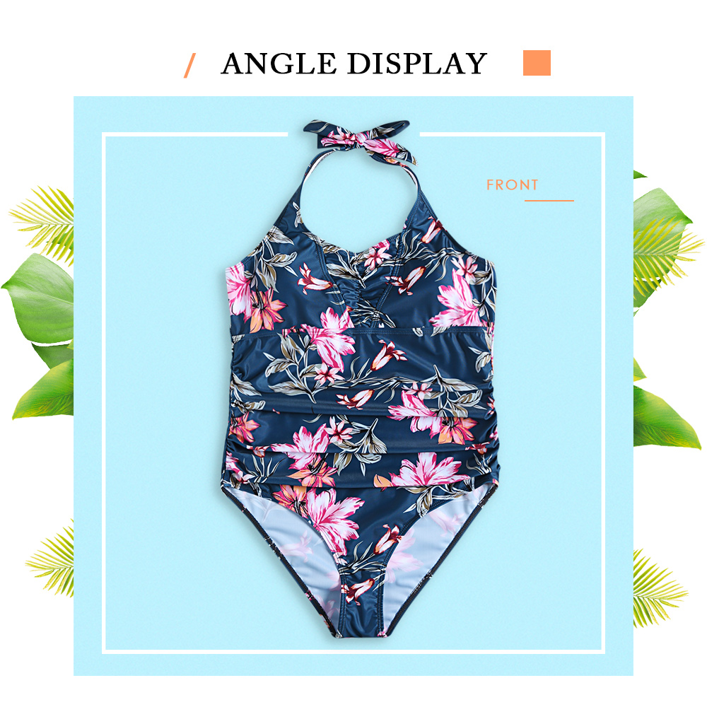 Halter Neck Backless Padded Floral Print Plus Size Women Swimsuit