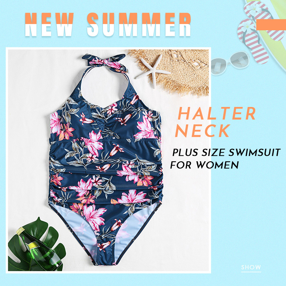 Halter Neck Backless Padded Floral Print Plus Size Women Swimsuit