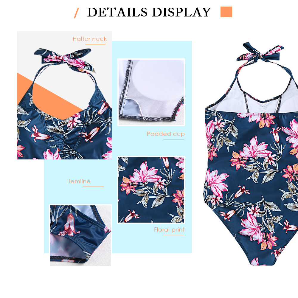 Halter Neck Backless Padded Floral Print Plus Size Women Swimsuit