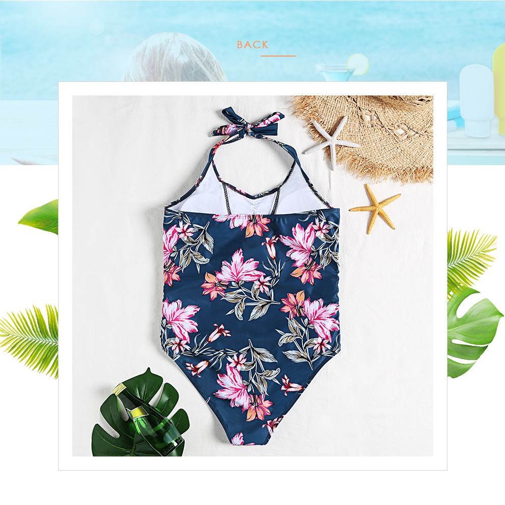 Halter Neck Backless Padded Floral Print Plus Size Women Swimsuit