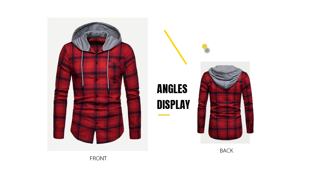 Plaid Print Hooded Drawstring Chest Pocket Casual Shirt