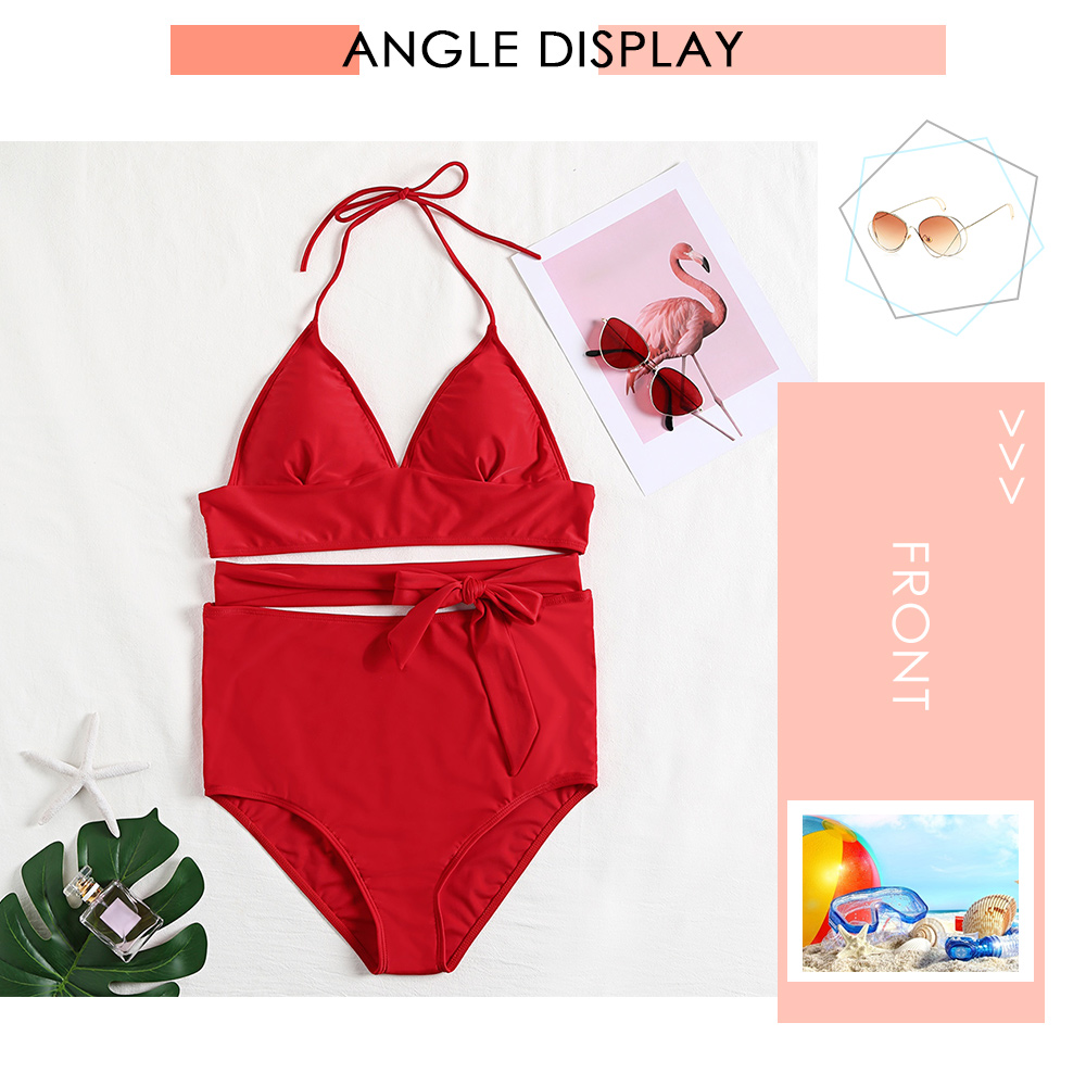 Halter Neck Backless Padded Solid Color Belted High Waist Plus Size Women Bikini Set