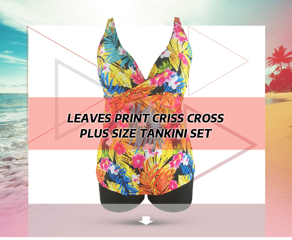 Leaves Print Criss Cross Plus Size Tankini Set