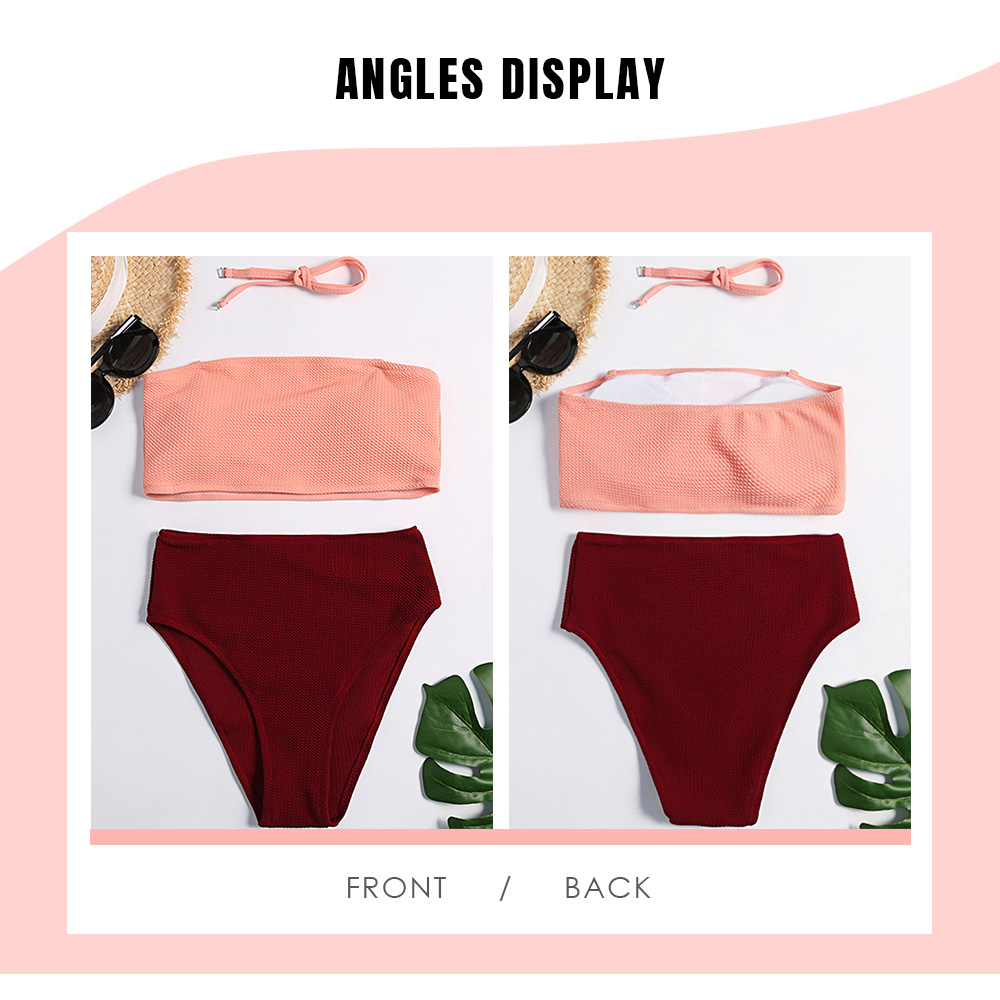 Strapless Halter Neck Padded Backless Color Blocking High Waist Women Bikini Set