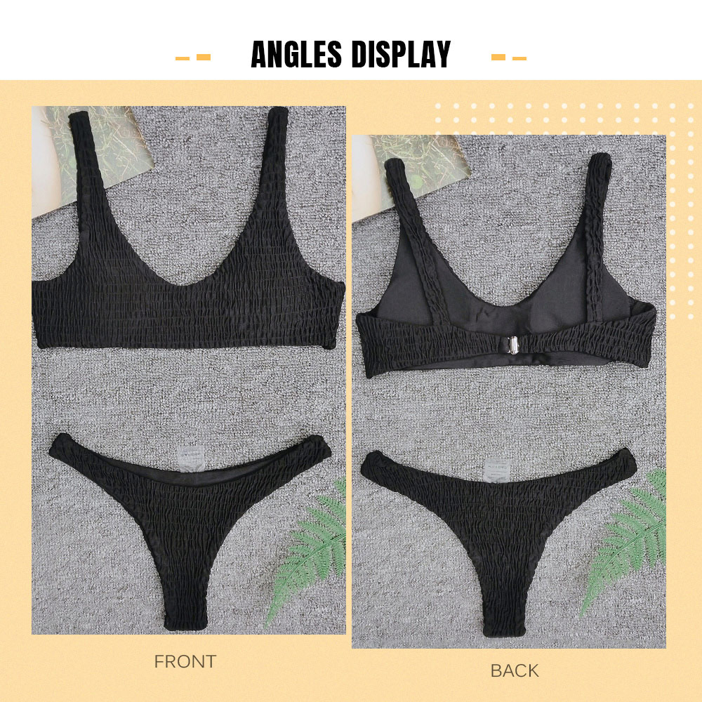 Scoop Neck Low Waist Pleated Solid Color Women Bikini Set