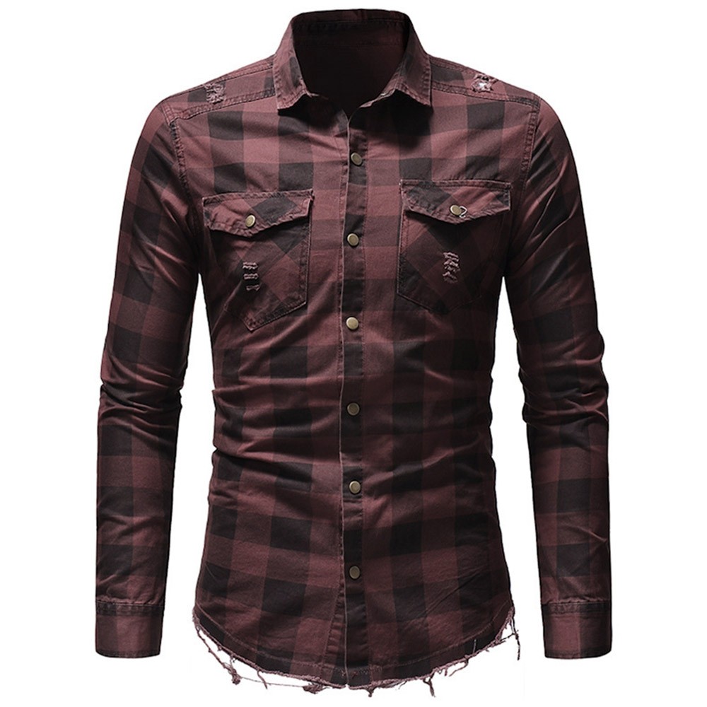 Ripped Plaid Pattern Long Sleeves Shirt - Firebrick - 4138329812 Size XS